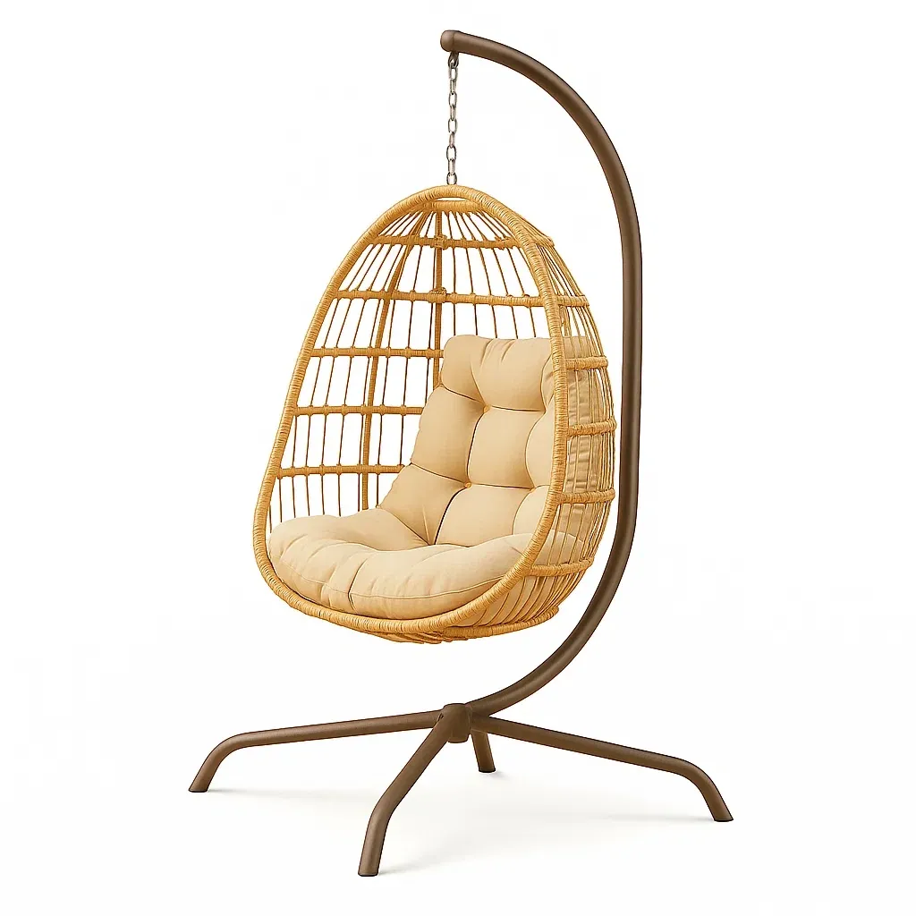 Poltrona Sospesa a Uovo in Rattan con Supporto in Acciaio Beige e Marrone