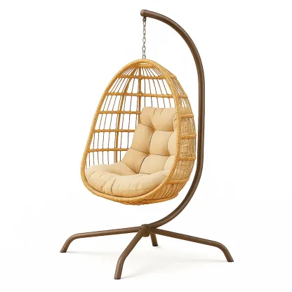 Poltrona Sospesa a Uovo in Rattan con Supporto in Acciaio Beige e Marrone