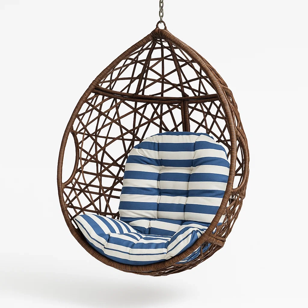 Poltrona Sospesa a Uovo in Rattan Sintetico con Cuscino a Righe Blu e Bianche