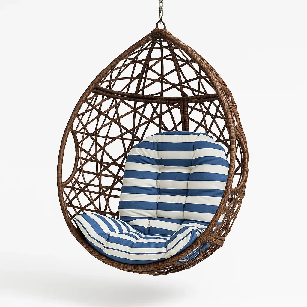 Poltrona Sospesa a Uovo in Rattan Sintetico con Cuscino a Righe Blu e Bianche