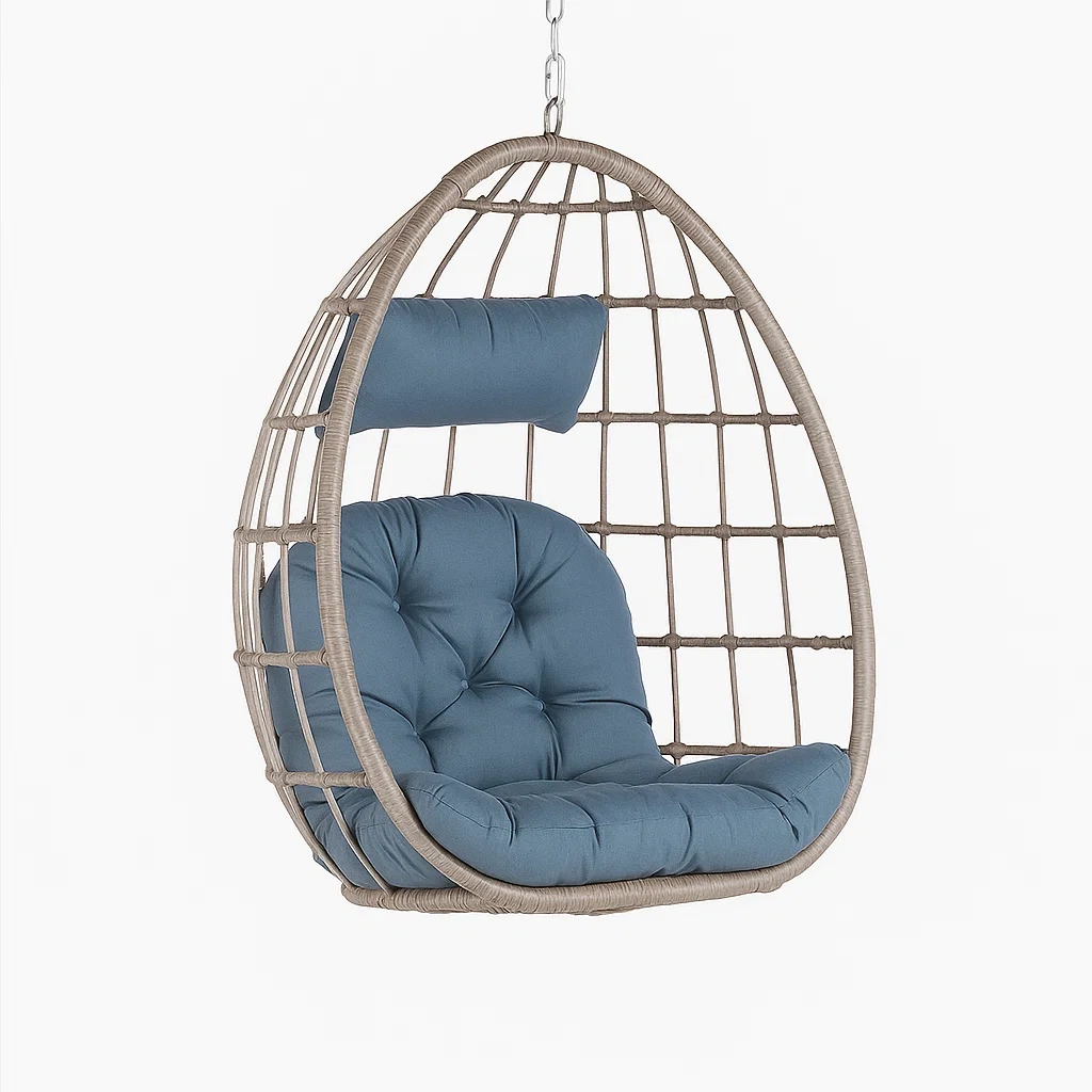 Poltrona Sospesa a Uovo in Rattan Sintetico con Cuscini Blu