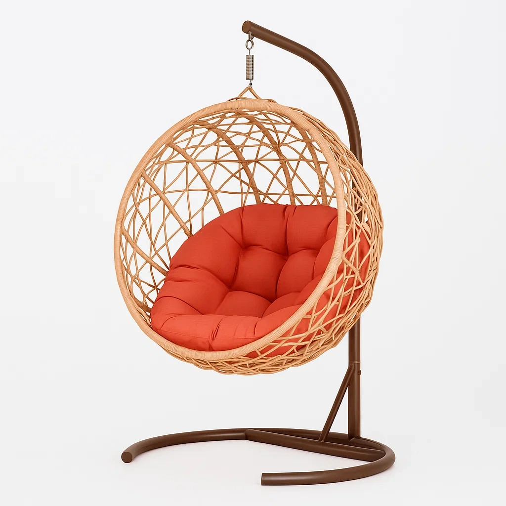Poltrona Sospesa a Uovo in Rattan con Cuscino Arancione e Struttura in Metallo