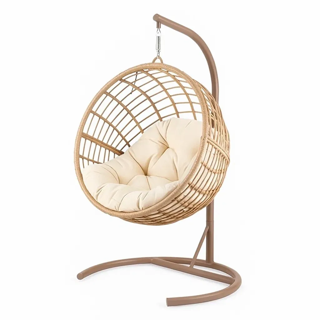 Poltrona Sospesa a Uovo in Rattan Sintetico con Cuscino Beige