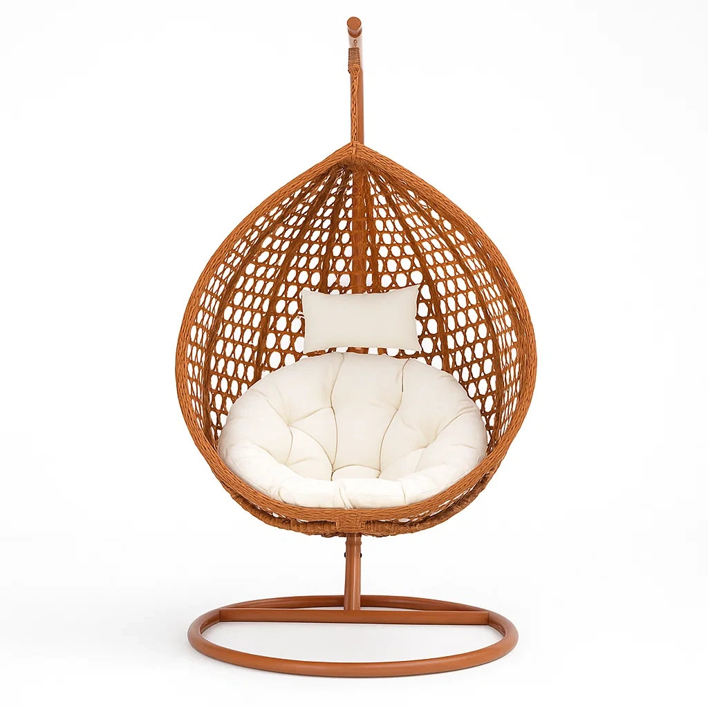Poltrona Sospesa a Uovo in Rattan Sintetico con Cuscino in Poliestere e Struttura in Acciaio