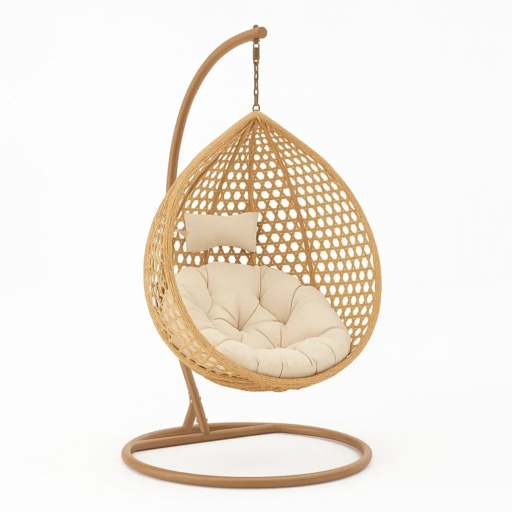 Poltrona Sospesa a Uovo in Rattan con Cuscino e Struttura in Acciaio Beige