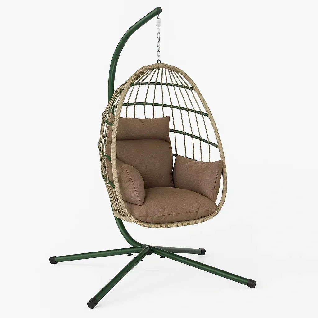 Poltrona Sospesa a Uovo in Rattan e Acciaio con Cuscini Marrone