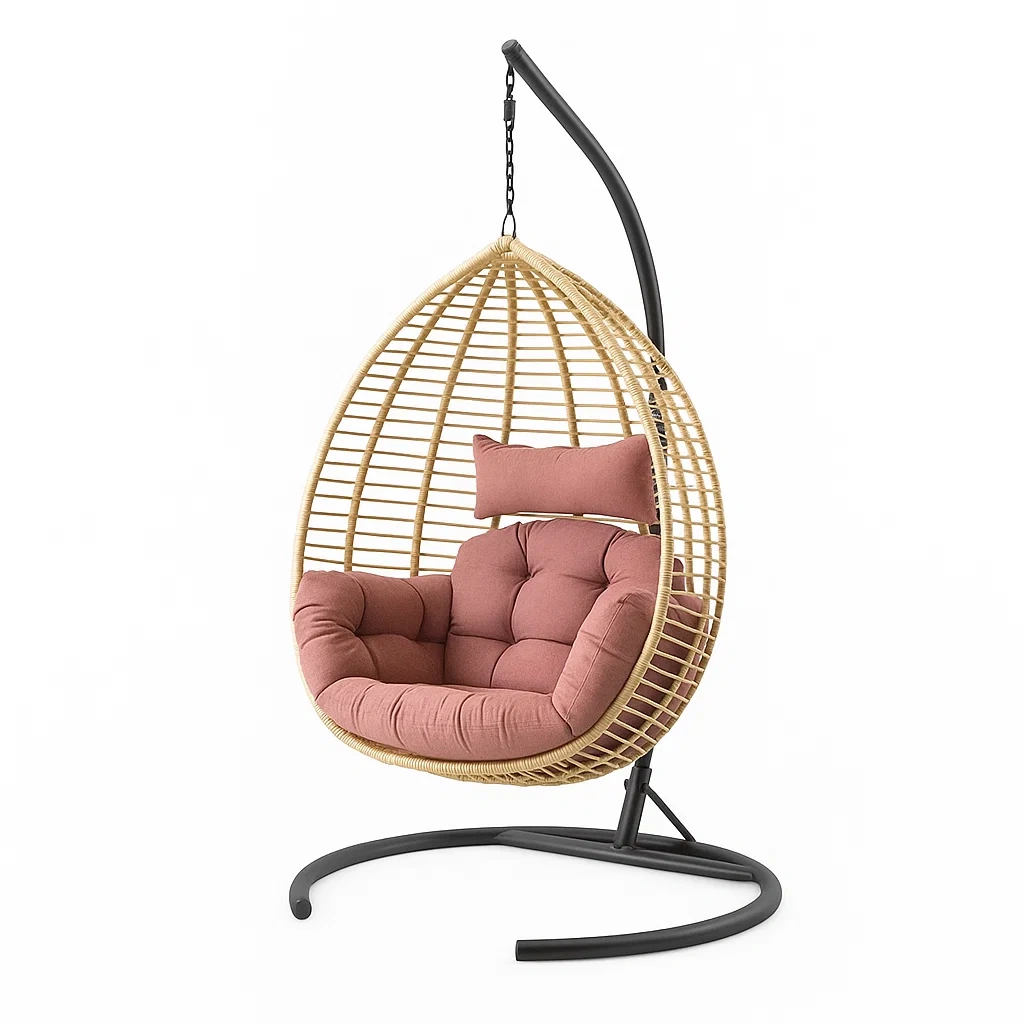 Poltrona Sospesa a Uovo in Rattan con Cuscini Rossi