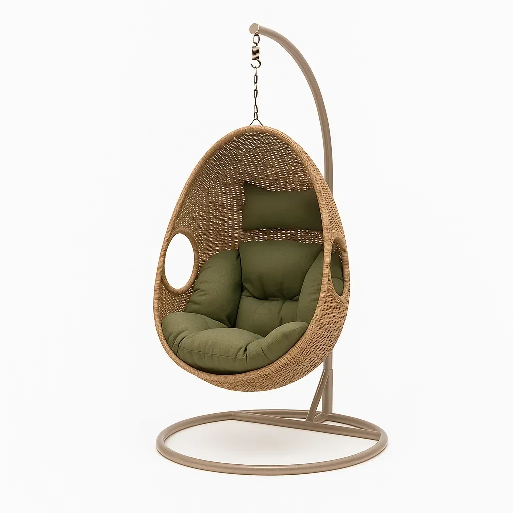 Poltrona Sospesa a Uovo in Rattan con Cuscini Verde Oliva