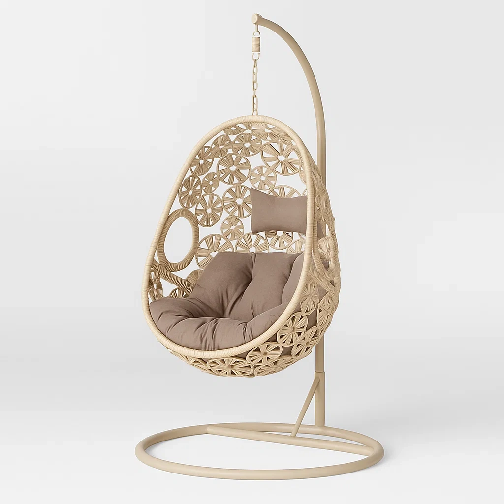 Poltrona Sospesa a Uovo in Acciaio e Rattan Sintetico con Cuscini Marroni