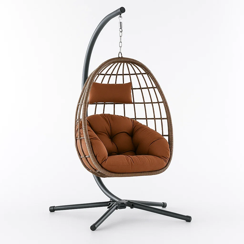 Poltrona Sospesa a Uovo in Rattan Sintetico con Cuscino Marrone e Struttura in Acciaio