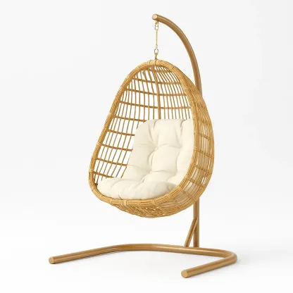 Poltrona Sospesa a Uovo in Rattan Sintetico con Struttura in Acciaio e Cuscino Beige