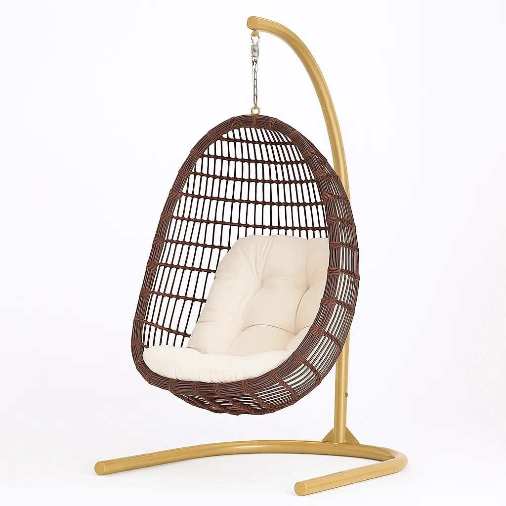 Poltrona Sospesa a Uovo in Rattan con Supporto in Acciaio Marrone e Cuscino Crema
