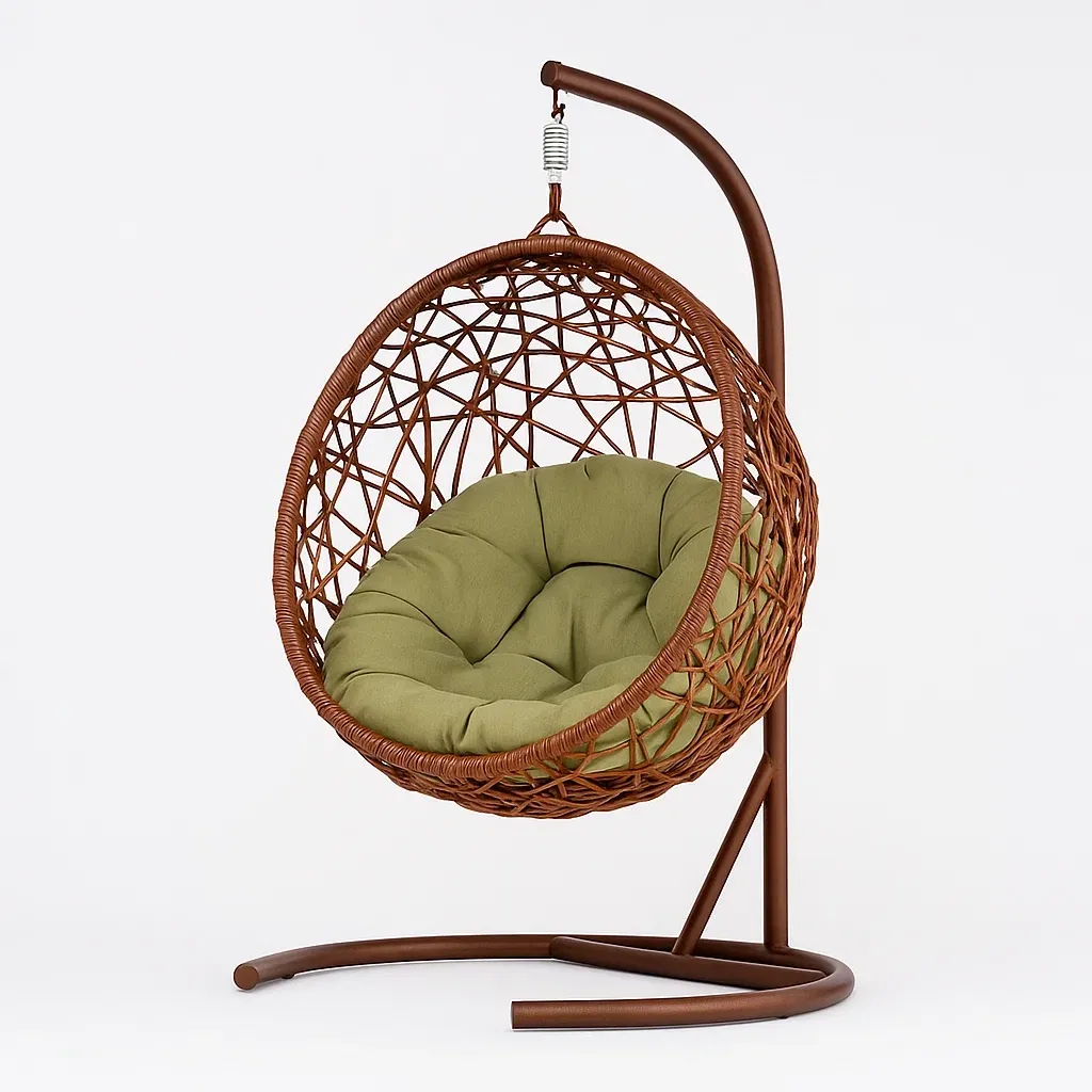 Poltrona Sospesa a Uovo in Rattan con Cuscino Verde