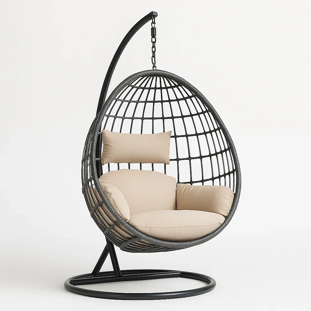 Poltrona Sospesa a Uovo in Rattan Sintetico con Cuscini Beige