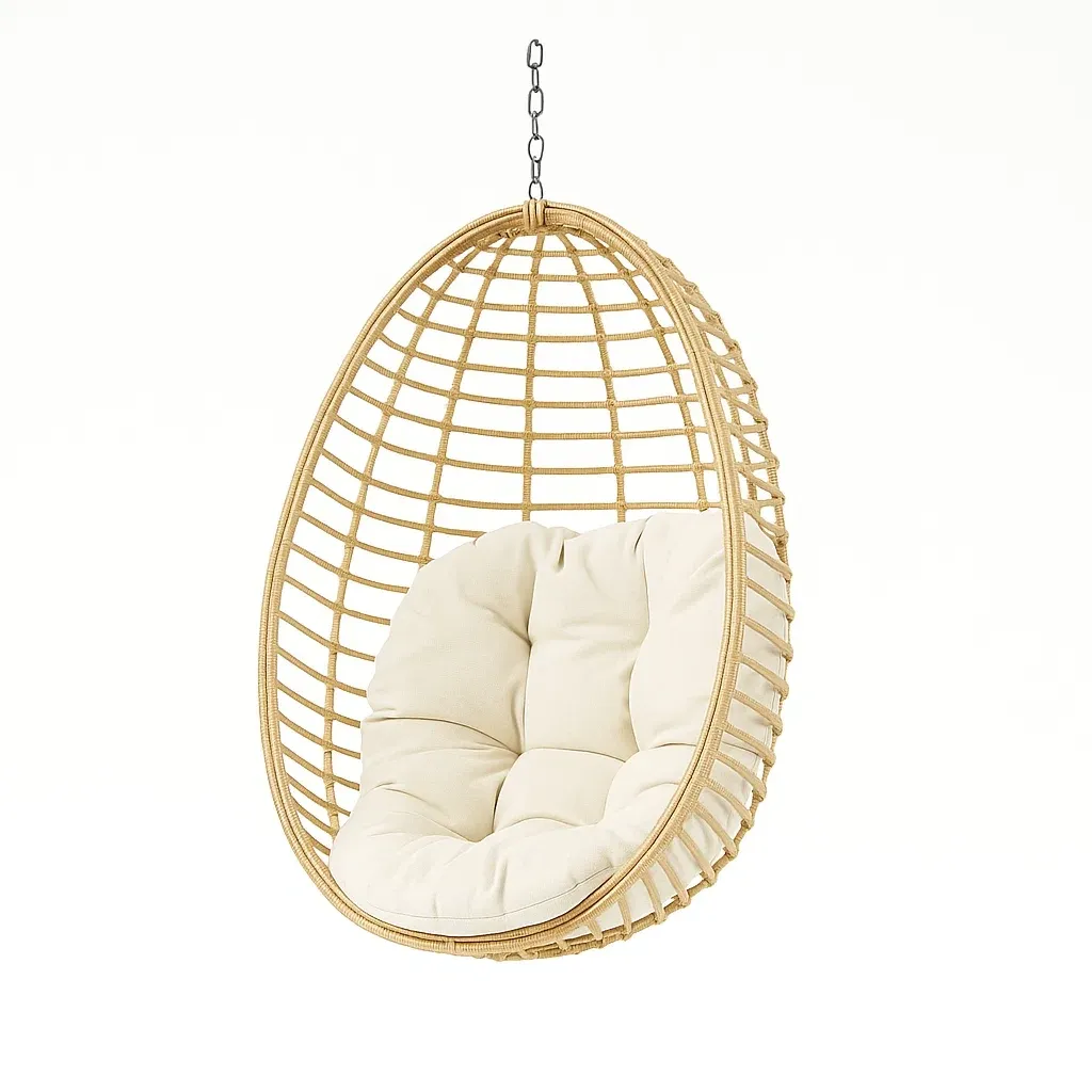 Poltrona Sospesa a Uovo in Rattan con Cuscino Beige