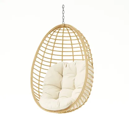 Poltrona Sospesa a Uovo in Rattan con Cuscino Beige