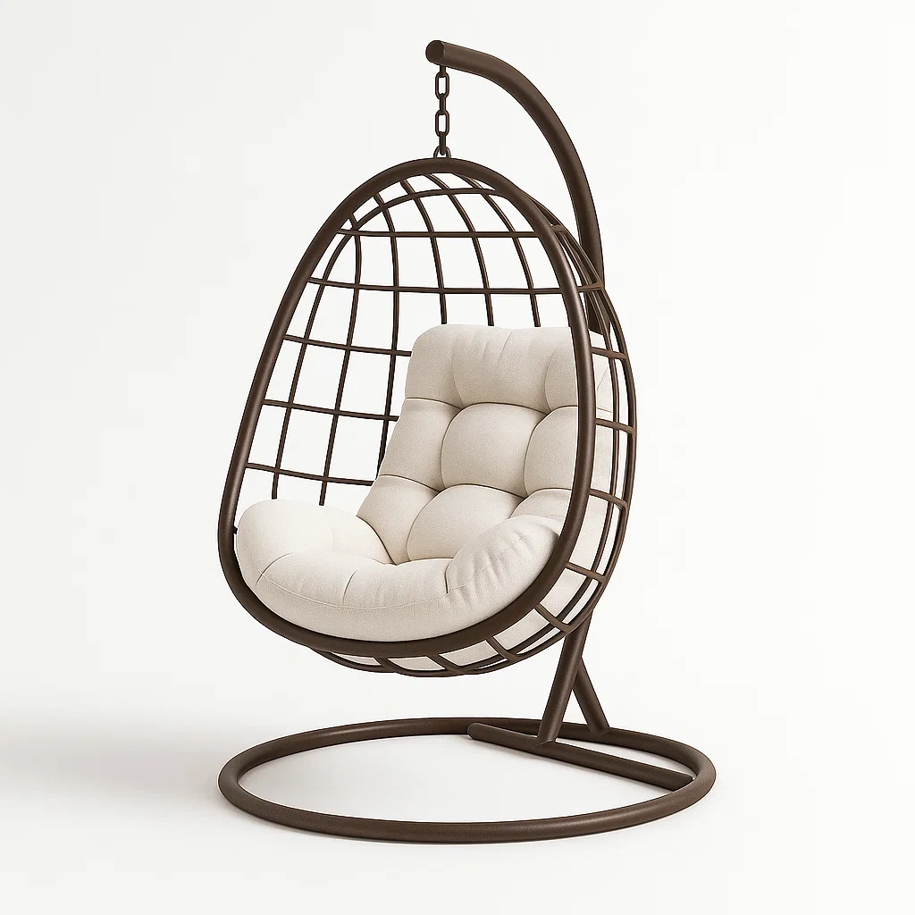 Poltrona Sospesa a Uovo in Acciaio con Cuscino in Poliestere Crema