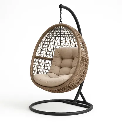 Poltrona Sospesa a Uovo in Rattan Sintetico con Cuscino Imbottito in Poliestere Beige