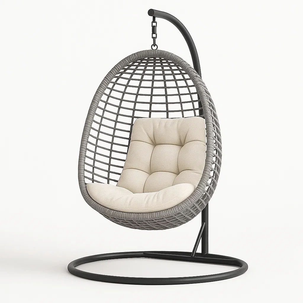Poltrona Sospesa a Uovo in Rattan Sintetico con Cuscino in Tessuto Poliestere e Supporto in Acciaio Grigio