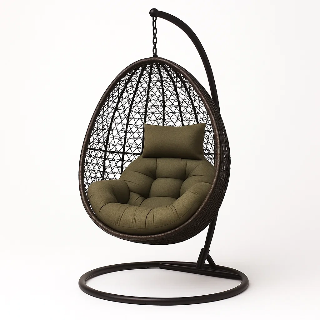 Poltrona Sospesa a Uovo in Rattan con Cuscino in Poliestere Verde