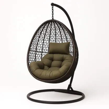 Poltrona Sospesa a Uovo in Rattan con Cuscino in Poliestere Verde