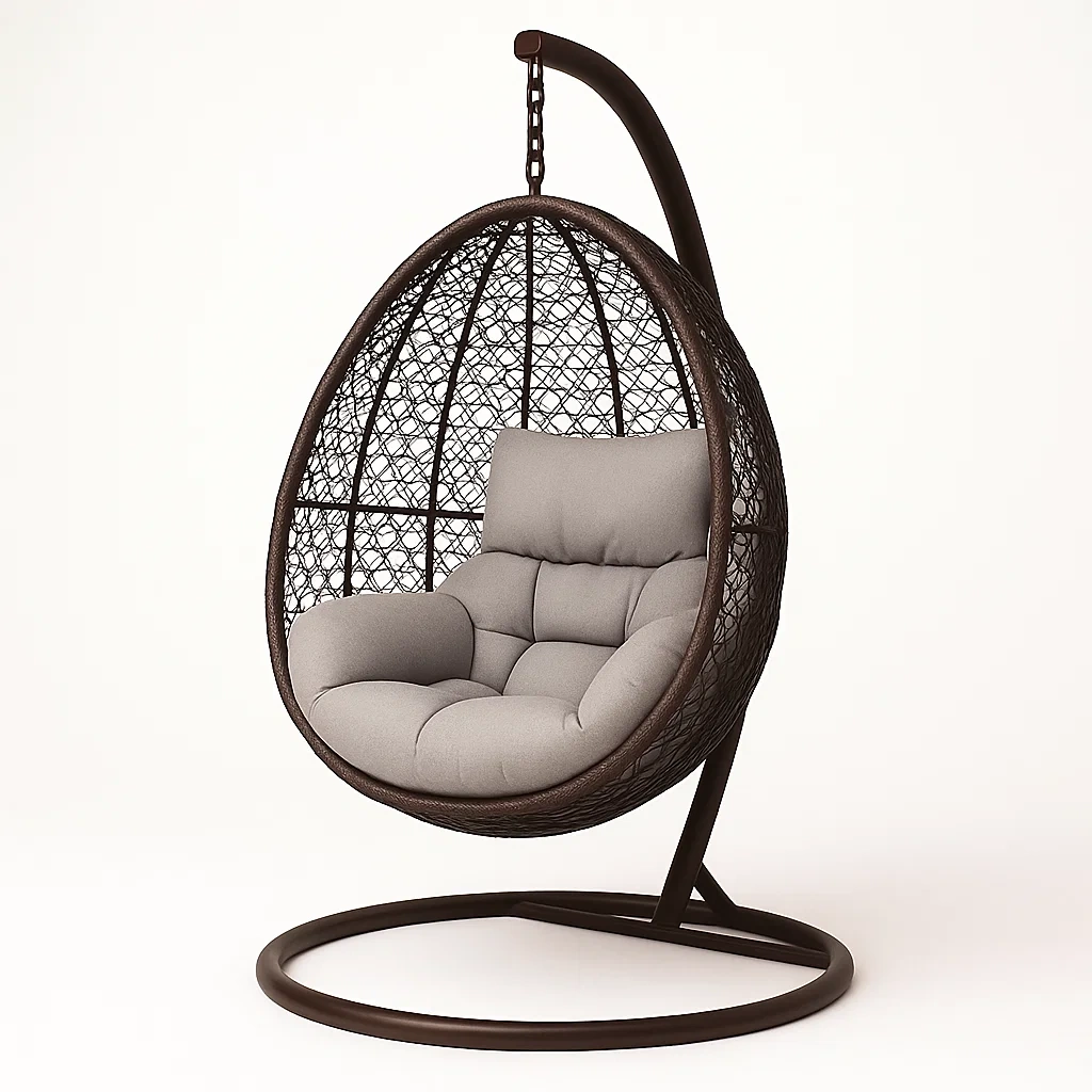 Poltrona Sospesa a Uovo in Rattan Sintetico con Struttura in Acciaio Marrone Grigio