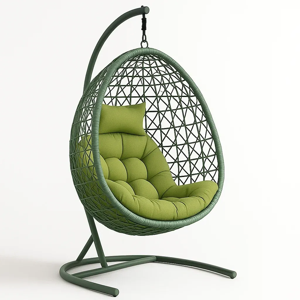 Poltrona Sospesa a Uovo in Rattan Sintetico con Cuscino Verde e Telaio in Metallo