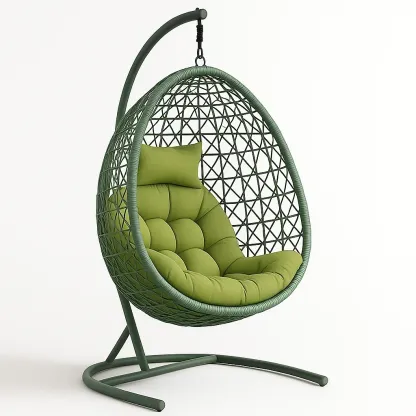 Poltrona Sospesa a Uovo in Rattan Sintetico con Cuscino Verde e Telaio in Metallo