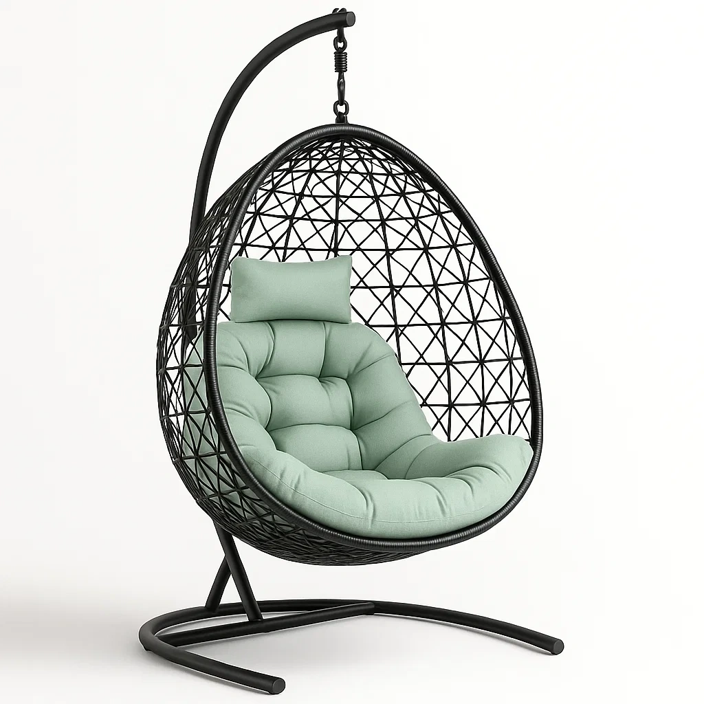 Poltrona Sospesa a Uovo in Rattan Sintetico con Cuscino Verde e Telaio in Acciaio