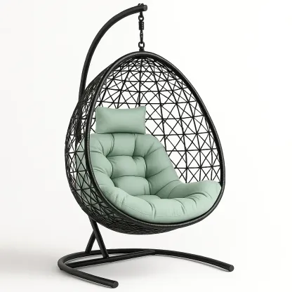 Poltrona Sospesa a Uovo in Rattan Sintetico con Cuscino Verde e Telaio in Acciaio