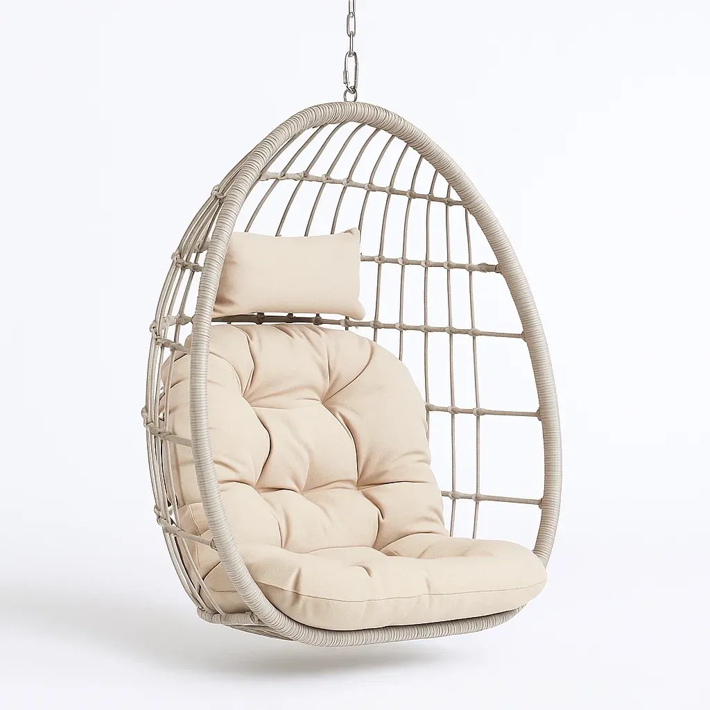 Poltrona Sospesa a Uovo in Rattan con Cuscino Beige