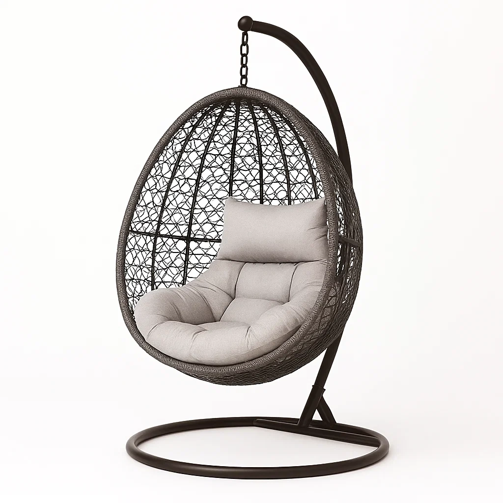 Poltrona Sospesa a Uovo in Acciaio e Polietilene con Cuscino Grigio, Diametro 100 cm, Altezza 195 cm