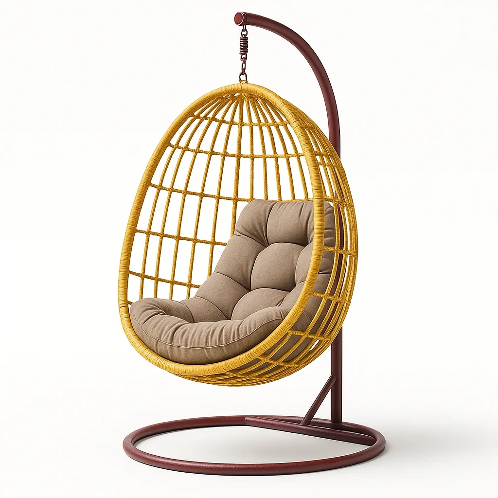 Poltrona Sospesa a Uovo in Rattan Sintetico Marrone e Giallo con Telaio in Acciaio e Cuscino Imbottito