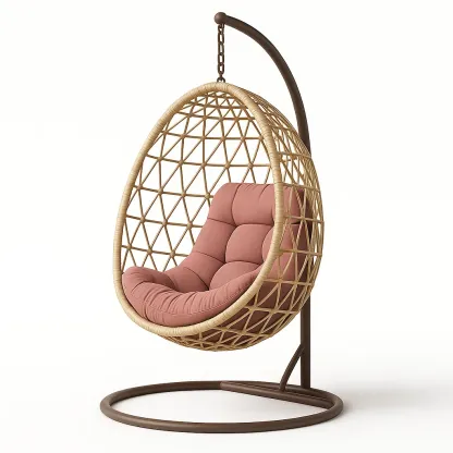 Poltrona Sospesa a Uovo in Rattan con Struttura in Acciaio e Cuscino in Poliestere Rosa
