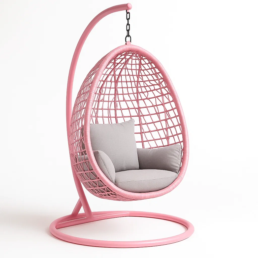 Poltrona Sospesa a Uovo in Rattan Rosa con Cuscino Grigio