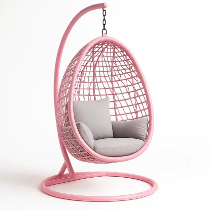 Poltrona Sospesa a Uovo in Rattan Rosa con Cuscino Grigio