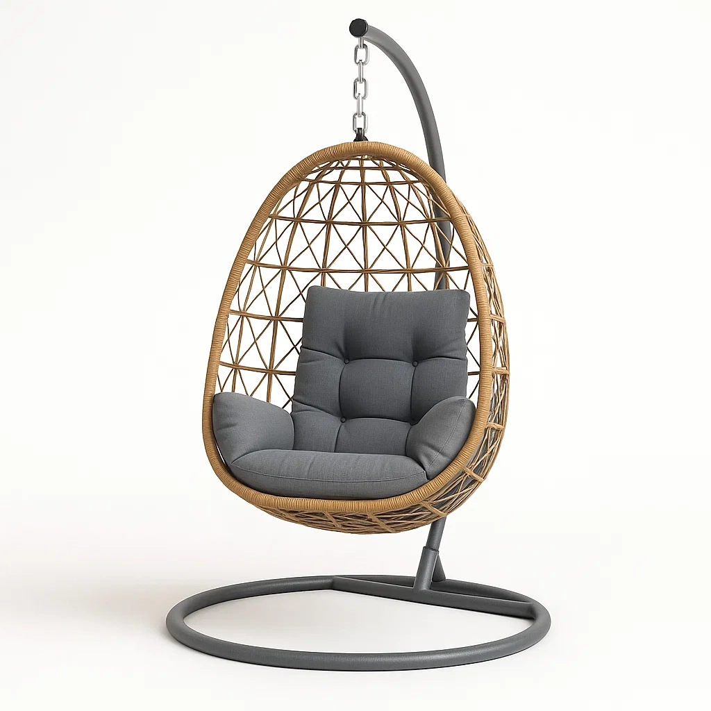 Poltrona Sospesa a Uovo in Rattan con Struttura in Metallo Grigio e Cuscini Grigi