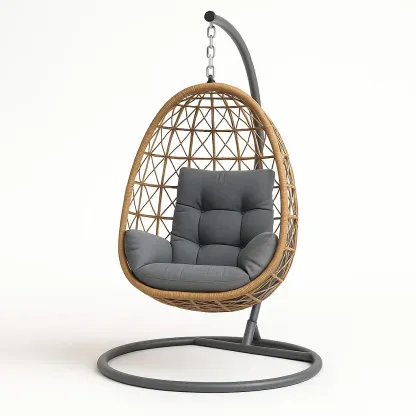 Poltrona Sospesa a Uovo in Rattan con Struttura in Metallo Grigio e Cuscini Grigi