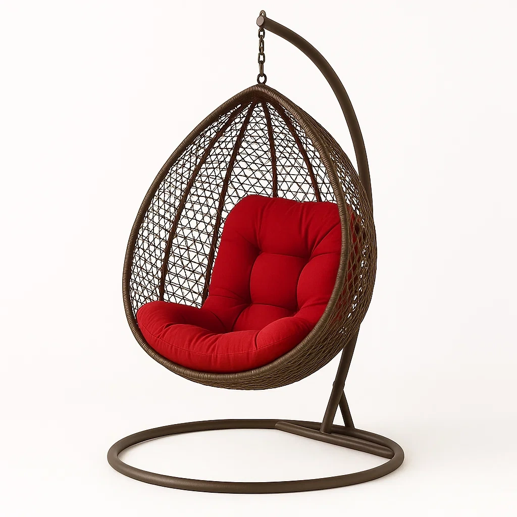 Poltrona Sospesa a Uovo in Rattan con Cuscino Rosso