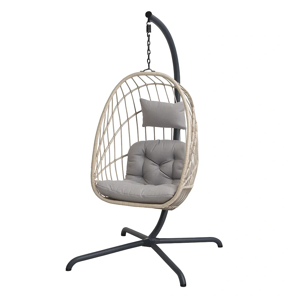 Poltrona Sospesa a Uovo in Rattan con Cuscini Grigi per Interni/Esterni