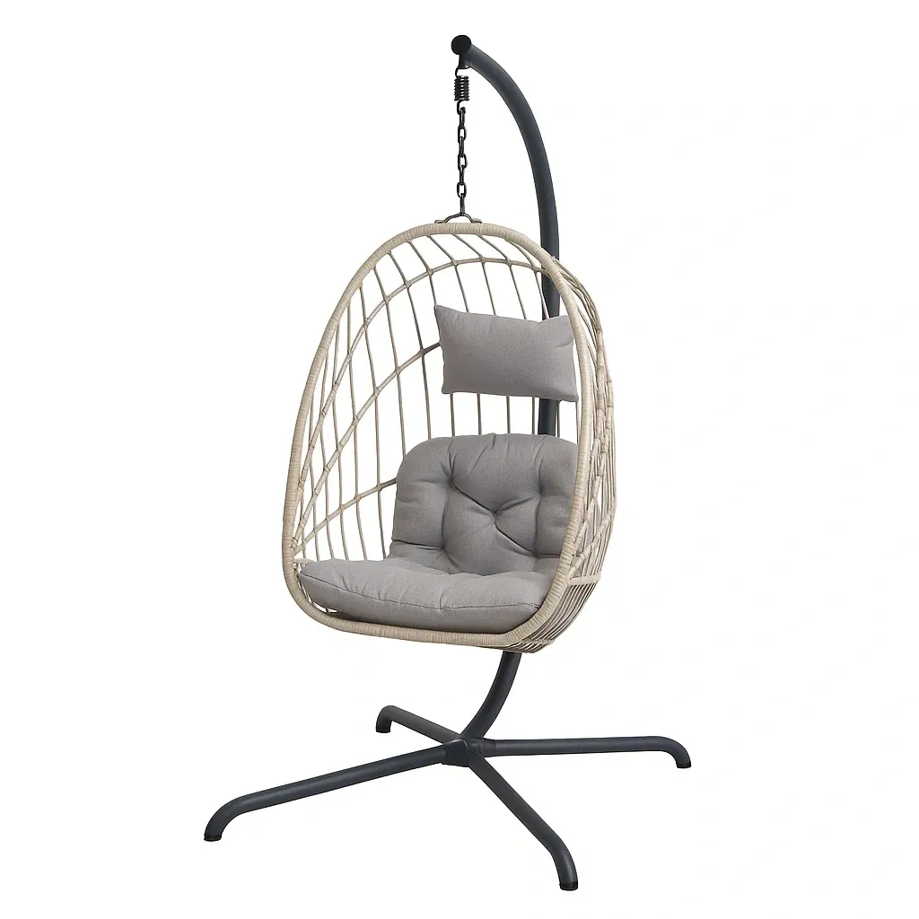 Poltrona Sospesa a Uovo in Rattan con Cuscini Grigi per Interni/Esterni