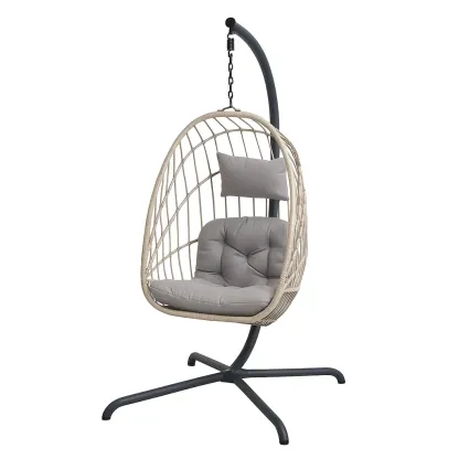 Poltrona Sospesa a Uovo in Rattan con Cuscini Grigi per Interni/Esterni