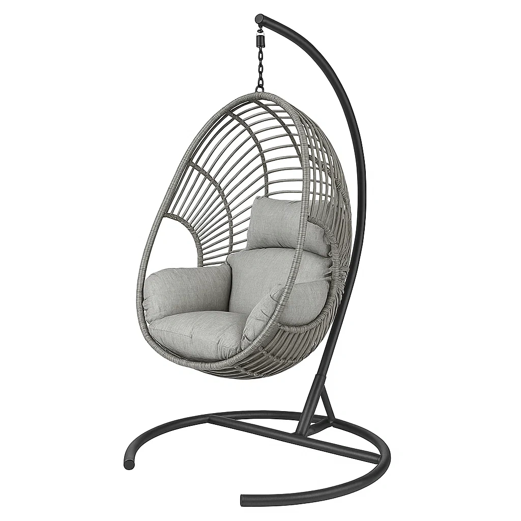 Poltrona Sospesa a Uovo in Rattan Sintetico Grigio con Struttura in Acciaio