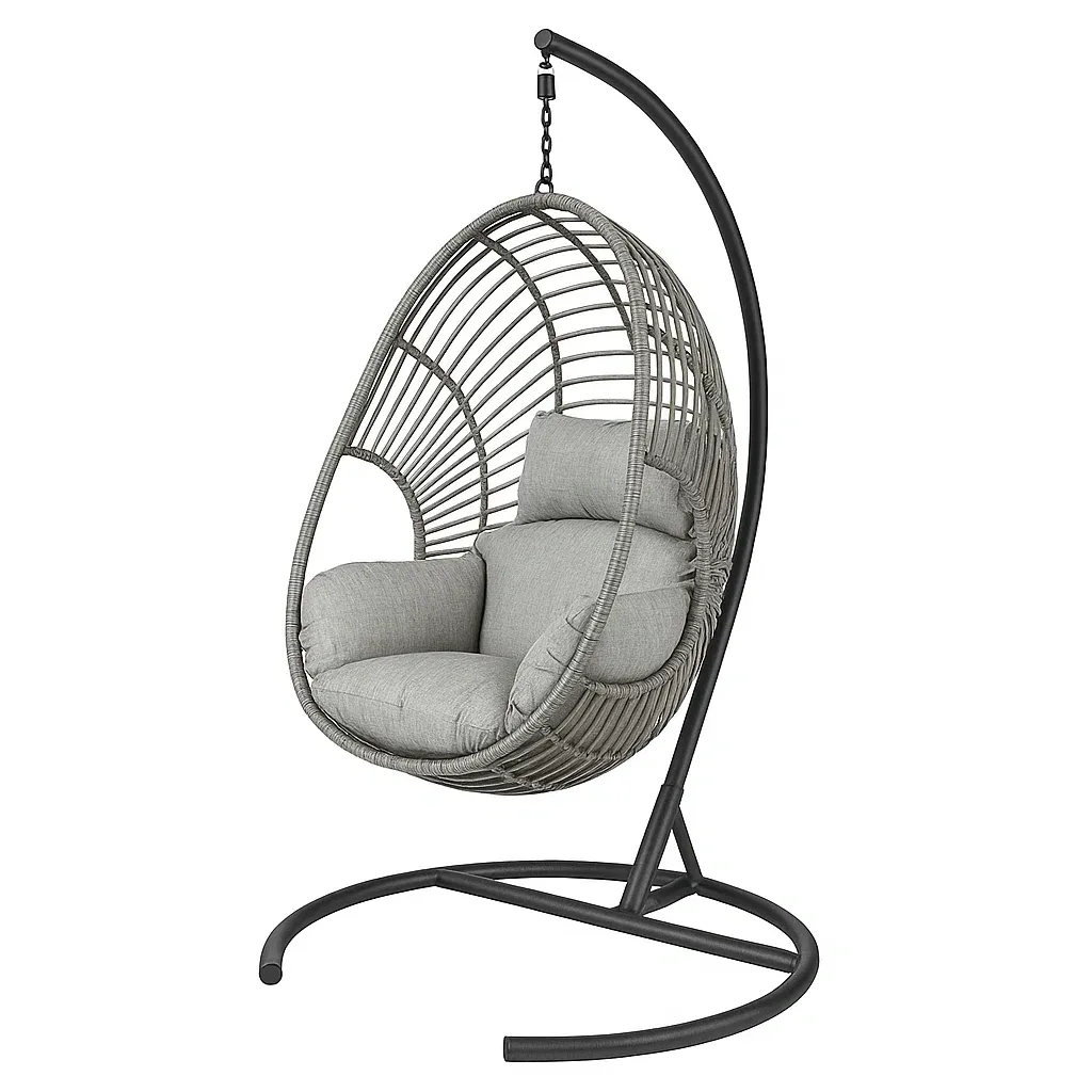 Poltrona Sospesa a Uovo in Rattan Sintetico Grigio con Struttura in Acciaio