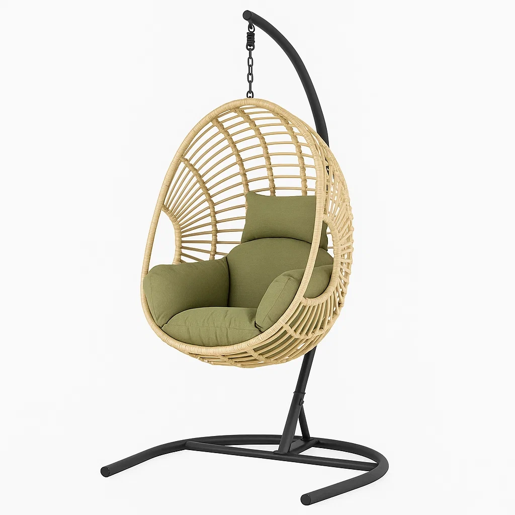 Poltrona Sospesa a Uovo in Rattan con Cuscini Verdi e Struttura in Metallo
