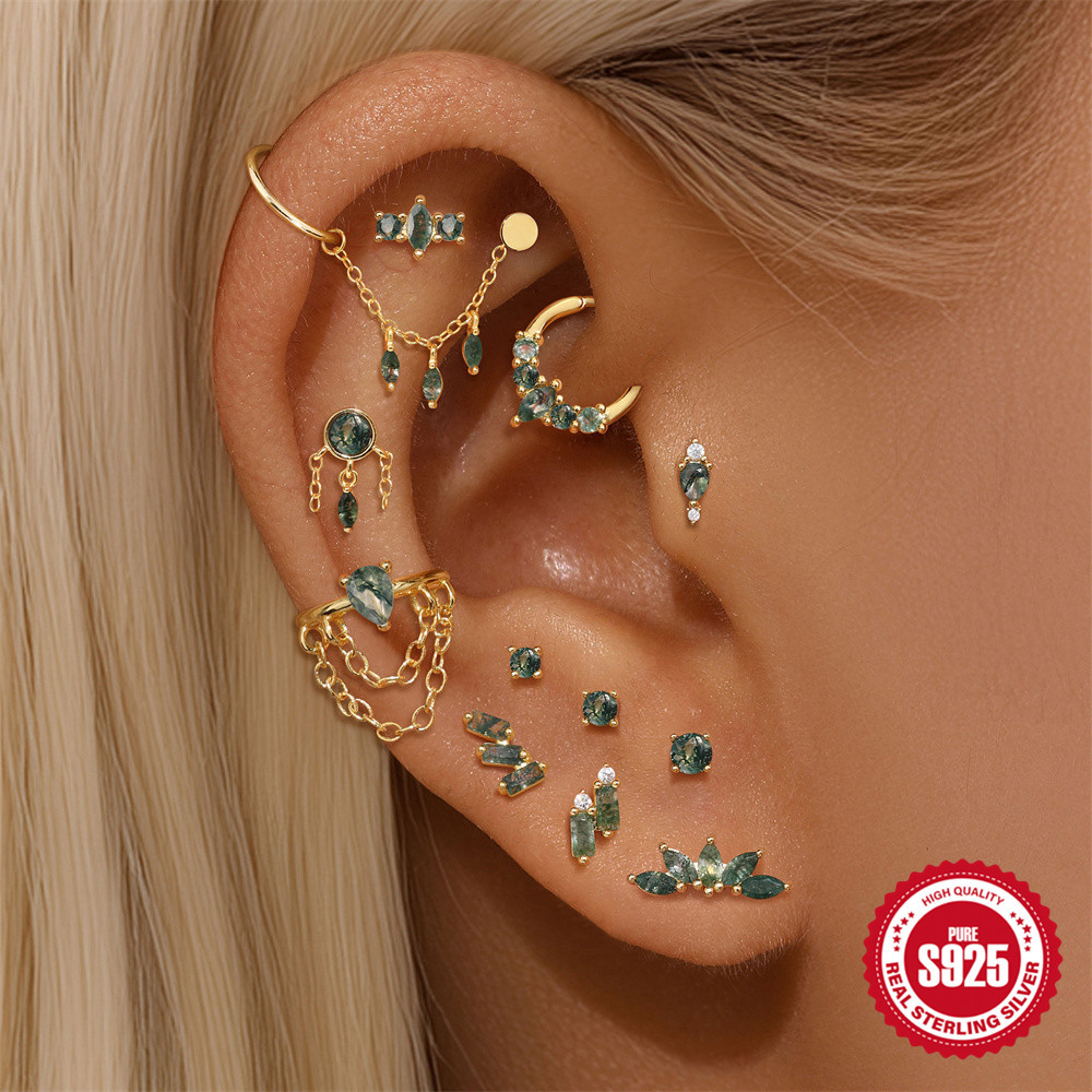 925 Natural Moss Mgate Flat-head Threaded Cartilage Piercing Earring