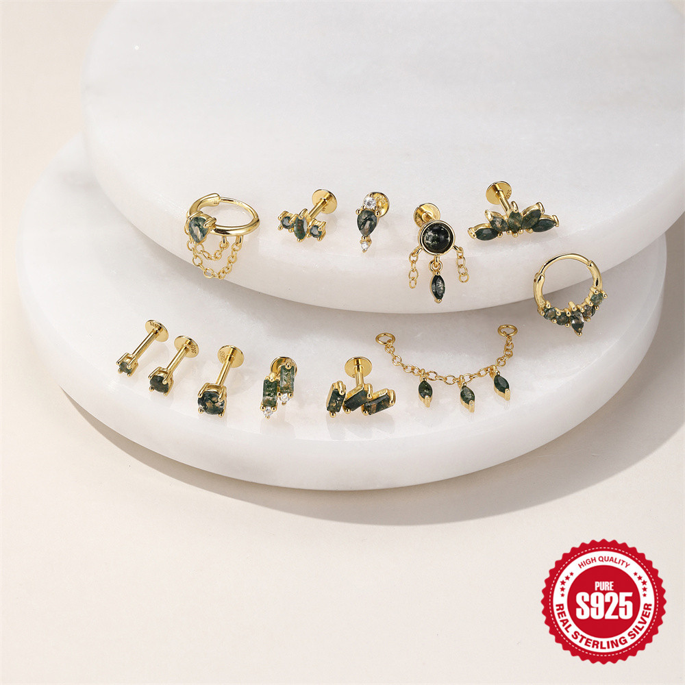 925 Natural Moss Mgate Flat-head Threaded Cartilage Piercing Earring