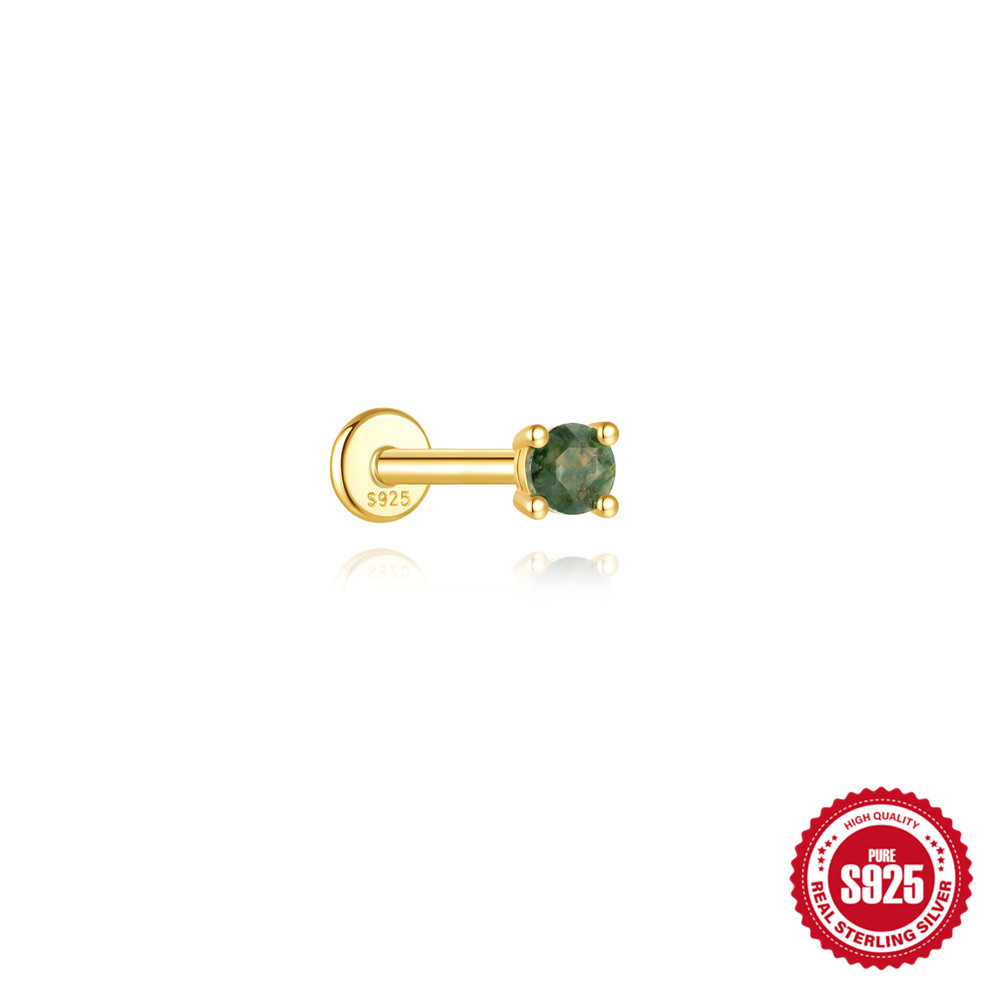 925 Natural Moss Mgate Flat-head Threaded Cartilage Piercing Earring