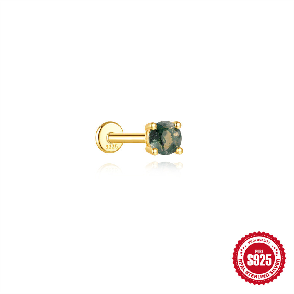 925 Natural Moss Mgate Flat-head Threaded Cartilage Piercing Earring