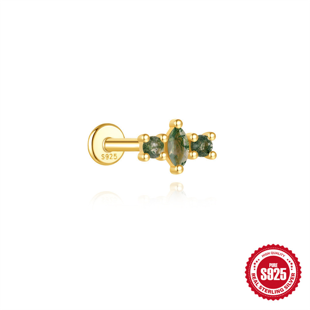 925 Natural Moss Mgate Flat-head Threaded Cartilage Piercing Earring
